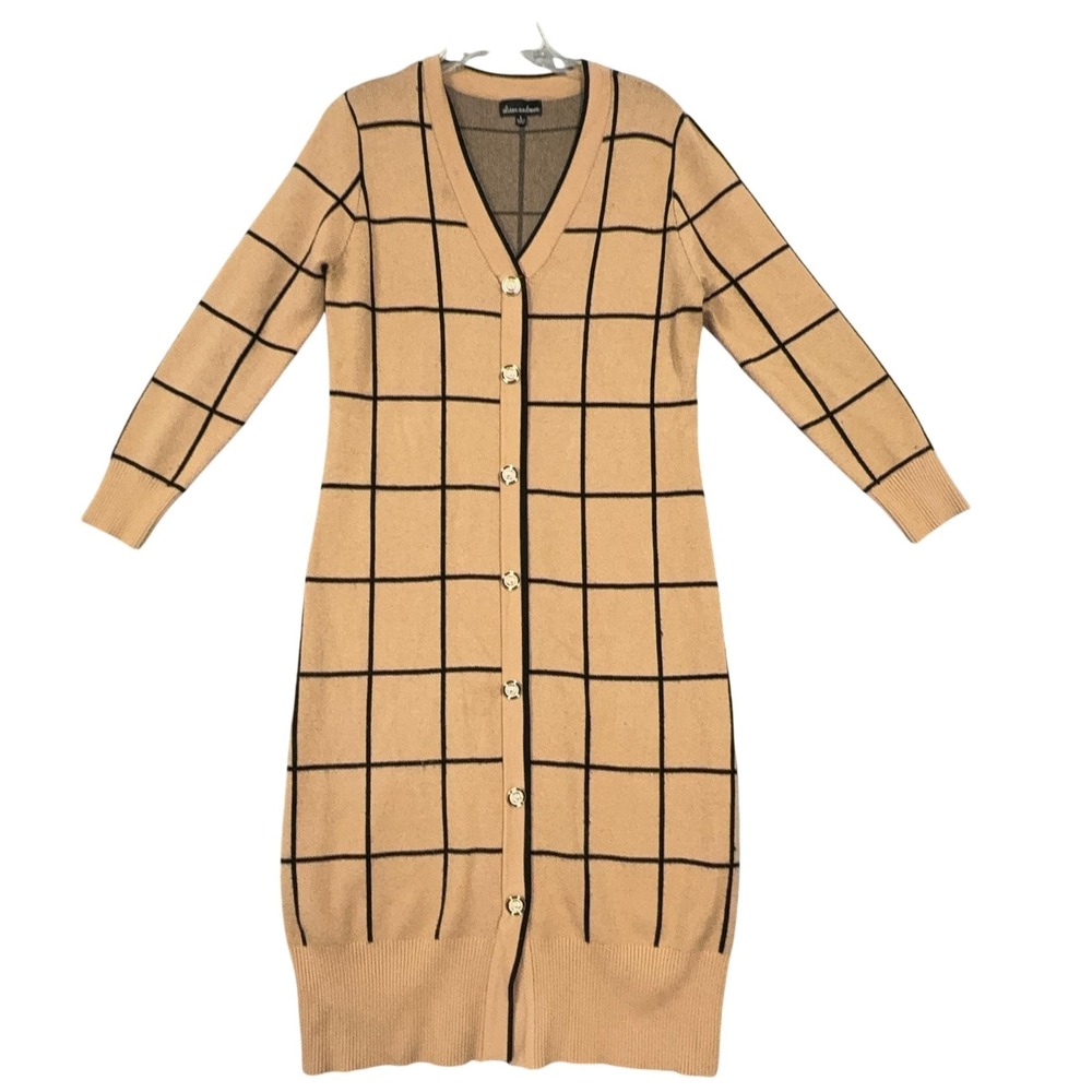 Alison Andrews Cardigan Sweater Womens Large Beige Check Button Longline Knit